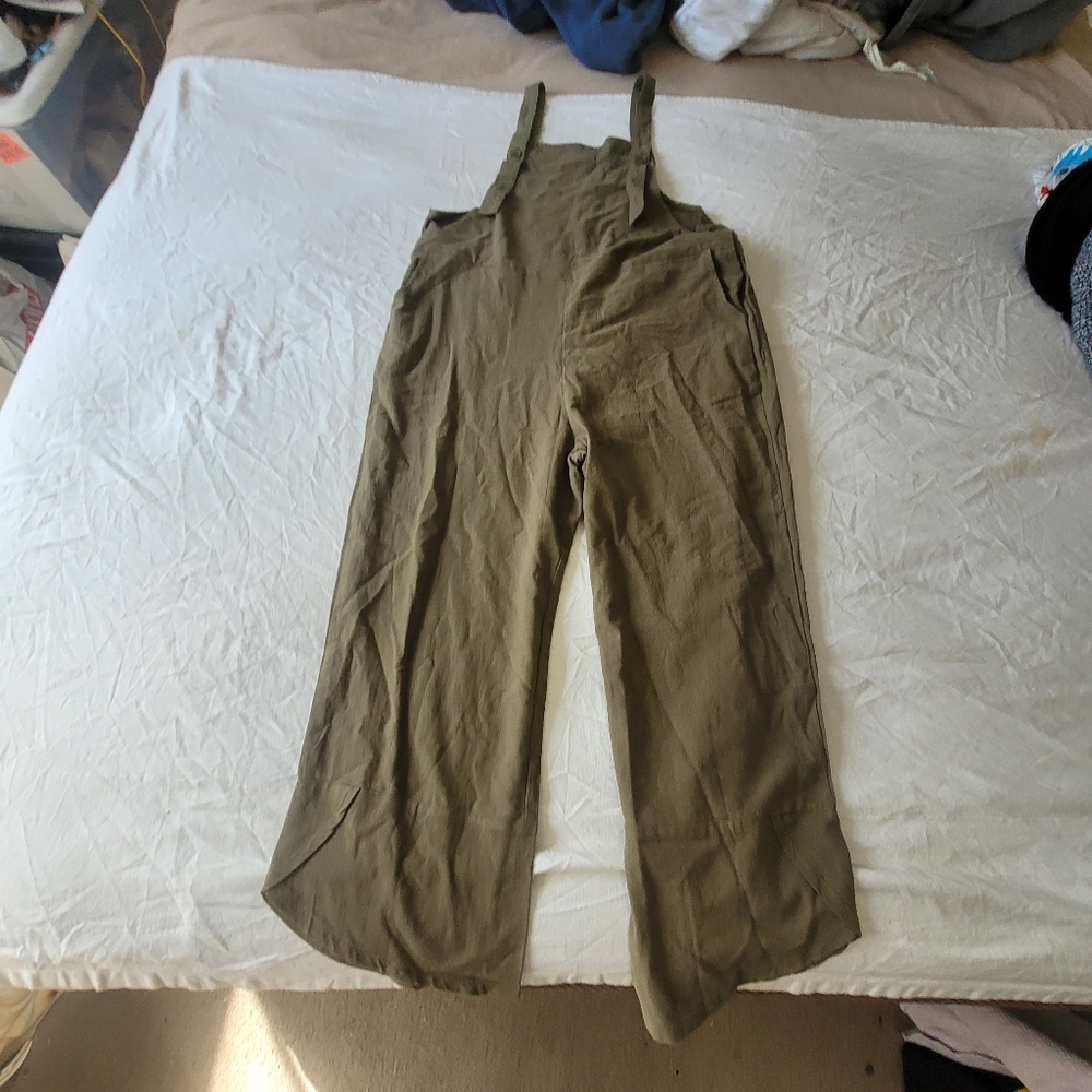 Overalls Cotton Linen Blend Size Small Olive Green Langenlook Pockets Buttons